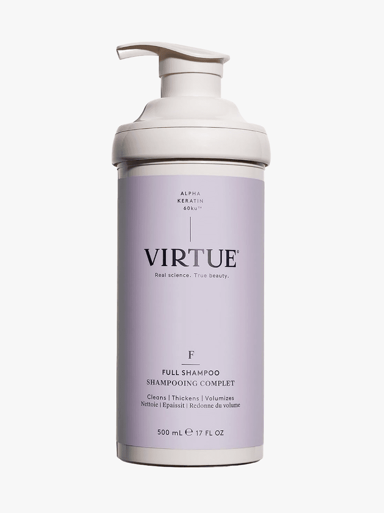 Virtue Full Shampoo in branded component on a light gray background
